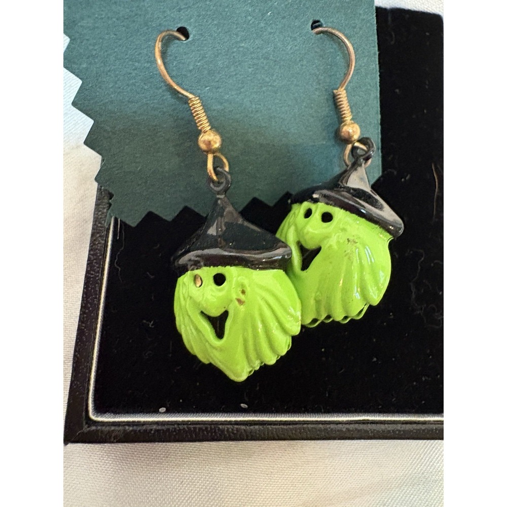 Vtg Halloween Witch Ghost Earrings Green Face Black Hat Dangle Trick or Treat